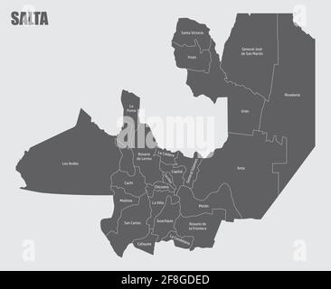 La carta isolata della provincia di Salta divisa in dipartimenti con etichette, Argentina Illustrazione Vettoriale