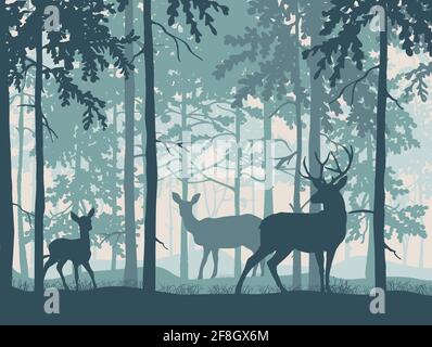 Cervi con caprioli e fawn in foresta magica nebby. Scoiattolo sul ramo. Sagome di alberi e animali. Sfondo blu, illustrazione. Illustrazione Vettoriale