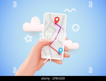 Telefono portatile con mappa e puntatore. Navigazione gps mobile e concetto di tracciamento. Sfondo per siti web, banner. App di tracciamento della posizione sullo smartphone con schermo a sfioramento. Illustrazione vettoriale Illustrazione Vettoriale