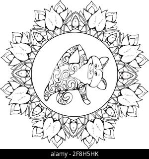 Gatto felice in posa yoga ornamento stilizzato. Ornamento Mandala. Illustrazione Vettoriale