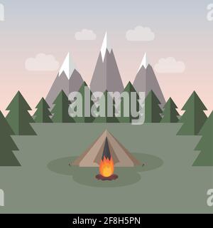 wanderlust campeggio avventura nella tenda selvaggia in montagna innevata Illustrazione Vettoriale