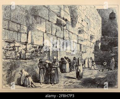 Uomini e donne ebrei pregano insieme al posto di pianto degli ebrei [il Muro di Pianto o il Muro Occidentale] Gerusalemme, dal libro 'quei campi sacri : Palestina, illustrato da penna e matita' di Manning, Samuel, 1822-1881; la Società del Tradimento religioso (Gran Bretagna) pubblicato nel 1874 Foto Stock
