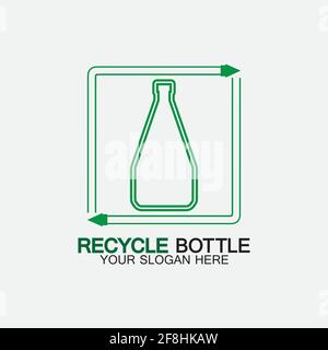 Icona del logo del flacone di plastica riciclata disegno vettoriale.flacone con simbolo di riciclo. Simbolo di riciclaggio in plastica, immagine vettoriale con icone piatte Illustrazione Vettoriale