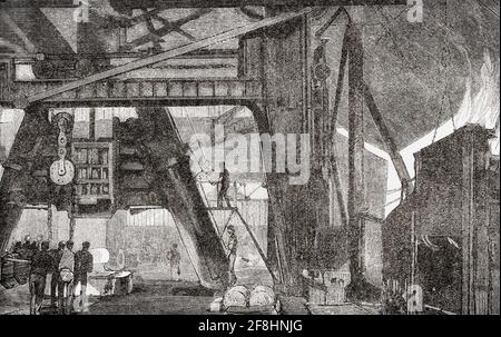 Il Big Hammer che dà un colpo di 3,000 tonnellate, utilizzato per lavori pesanti di forgiatura nel Whitworth Armstrong, Elswick Works, Newcastle on Tyne, Inghilterra, fondata nel 1847 dall'ingegnere William George Armstrong. Da grandi ingegneri, pubblicato circa 1890 Foto Stock