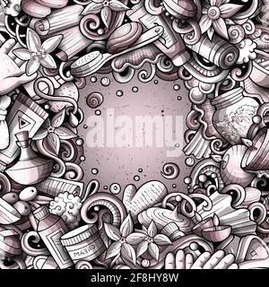 Massaggio mano disegnata vettore doodles illustrazione. Design della scheda con cornice per il salone Spa. Elementi di bellezza e oggetti sfondo cartoon. Tono bordo divertente. Tutti Illustrazione Vettoriale