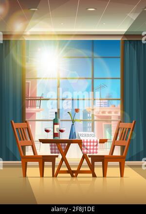 Ristorante Vector in stile cartoon con tavolo romantico allestito con bottiglia di vino rosso e bicchieri con vaso di rose e cartello riservato. Illustrazione Vettoriale