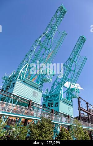 Gru come scultura su Domino Park a Williamsburg, Brooklyn, sull'East River. Foto Stock