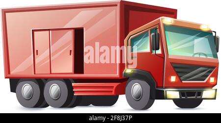 Camion cargo rosso stile cartoon vettore isolato su sfondo bianco. Illustrazione Vettoriale