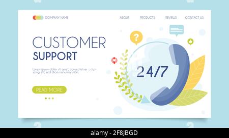 Call center per l'assistenza clienti. Chiamaci oggi stesso 24 ore su 24, 7 giorni su 7. Informazioni sulla landing page. Disegno piatto, illustrazione vettoriale. Illustrazione Vettoriale
