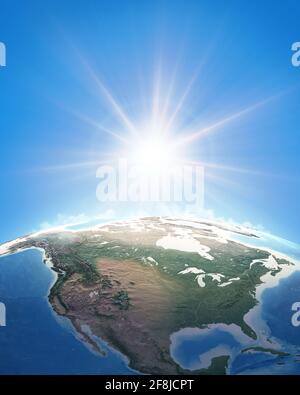 Il sole splende su una vista dettagliata di Planet Earth, focalizzata su Nord America, Stati Uniti e Canada. Illustrazione 3D - elementi forniti dalla NASA Foto Stock