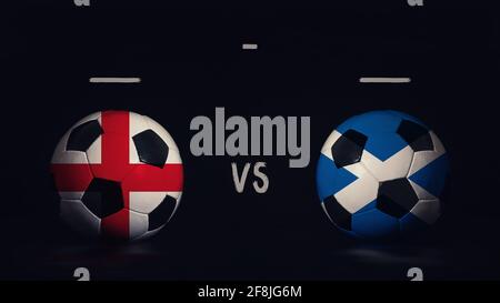 Inghilterra vs Scozia Euro 2020 incontro di calcio annuncio. Due palline da calcio con bandiere di campagna, che mostrano infografica partita, isolate su backgr nero Foto Stock