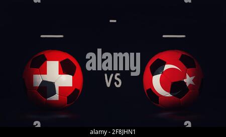 Svizzera vs Turchia Euro 2020 incontro di calcio annuncio. Due palline da calcio con bandiere di campagna, con infografica della partita, isolate sulla parte posteriore nera Foto Stock