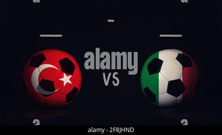 Turchia vs Italia Euro 2020 incontro di calcio annuncio. Due palline da calcio con bandiere di campagna, con infografica della partita, isolate su sfondo nero Foto Stock