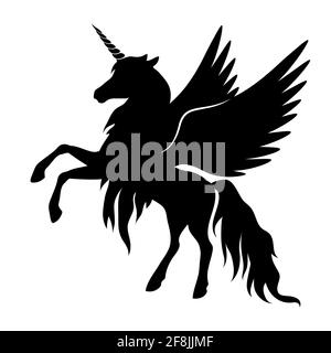 Silhouette di unicorno con ali. Silhouette nera su sfondo bianco. Illustrazione vettoriale. Illustrazione Vettoriale