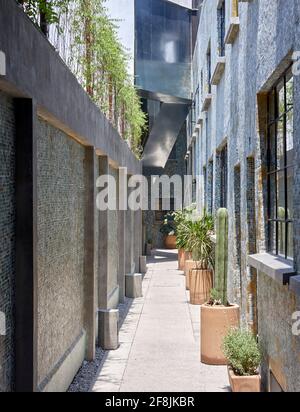 Corridoio laterale esterno con passerelle in acciaio. Córdoba 223, Città del Messico, Messico. Architetto: BAAQ , 2019. Foto Stock