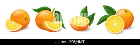 Arance gialle luminose realistiche con foglie verdi intere e tagliate a fette impostazione Illustrazione Vettoriale
