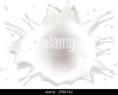 Spruzzi di latte con gocce e ombre, isolati su sfondo bianco. Elemento di progettazione per il confezionamento di cereali da colazione, latticini, latte vegetale e cosmetici biologici Illustrazione Vettoriale