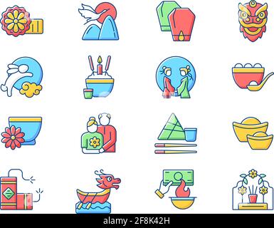 Set di icone di colore RGB per le festività cinesi Illustrazione Vettoriale