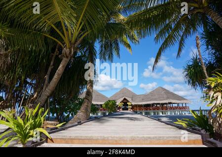 Molo di legno leader Water bar sull'oceano indiano nelle Maldive. Laguna turchese Foto Stock