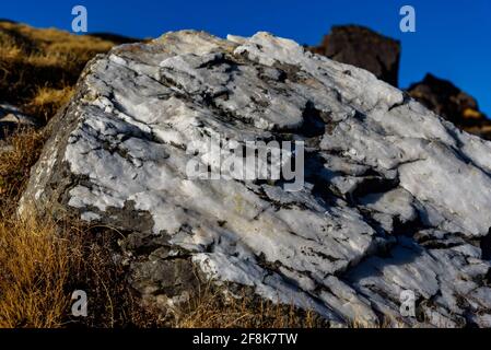 Intrusione di grafite in rocce marmoree metamorfiche nei pressi della principale regione geologica dell'Himalaya continentale. Foto Stock