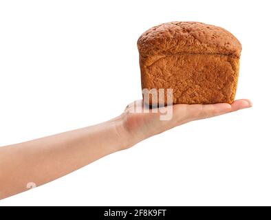 Pane marrone nel percorso di mano isolato su bianco Foto Stock