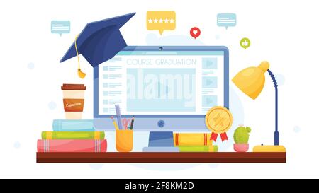 Concetto di graduazione di formazione in linea. Disegno piatto, illustrazione vettoriale. Illustrazione Vettoriale