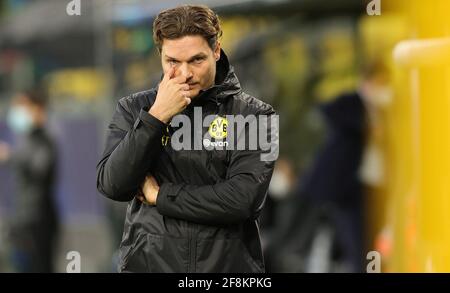 Borussia Dortmund allenatore Edin Terzic durante la UEFA Champions League, quarto finale, seconda tappa al Signal Iduna Park di Dortmund, Germania. Data immagine: Mercoledì 14 aprile 2021. Guarda la storia di calcio della PA Man City. Il credito fotografico deve essere: PA Wire via DPA. RESTRIZIONI: Solo per uso editoriale, nessun uso commerciale senza previo consenso del titolare dei diritti. Foto Stock