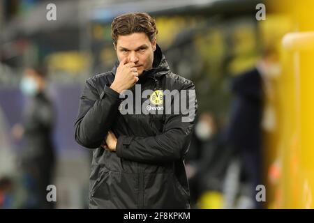 Borussia Dortmund allenatore Edin Terzic durante la UEFA Champions League, quarto finale, seconda tappa al Signal Iduna Park di Dortmund, Germania. Data immagine: Mercoledì 14 aprile 2021. Guarda la storia di calcio della PA Man City. Il credito fotografico deve essere: PA Wire via DPA. RESTRIZIONI: Solo per uso editoriale, nessun uso commerciale senza previo consenso del titolare dei diritti. Foto Stock