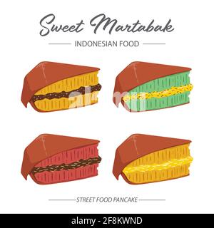 Il Sweet Martabak è un pancake indonesiano di cibo di strada. Illustrazione vettoriale di vario gusto. Illustrazione Vettoriale