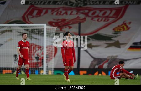Liverpool, Inghilterra, 14 aprile 2021. Dejected Mohamed Salah di Liverpool si allontana durante la partita della UEFA Champions League ad Anfield, Liverpool. L'immagine di credito dovrebbe essere: Darren Staples / Sportimage Foto Stock
