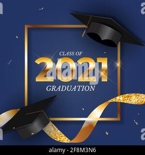Classe di graduazione 2021 con cappello di graduazione e confetti dorati e nastro. Illustrazione vettoriale Illustrazione Vettoriale