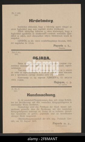 Prigioniero russo - Neusatz - Poster multilingue contatti non autorizzati della popolazione con prigionieri di guerra russi - questo è severamente proibito e punito - nessun trasferimento di doni ai prigionieri - Freistadt Ujvidék, il 12 agosto 1915 - Payerle, Oberstadthauptmann - No. 6 / 1915 Foto Stock