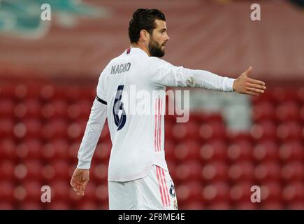 Liverpool, Inghilterra, 14 aprile 2021. Nacho del Real Madrid durante la partita della UEFA Champions League ad Anfield, Liverpool. L'immagine di credito dovrebbe essere: Darren Staples / Sportimage Foto Stock