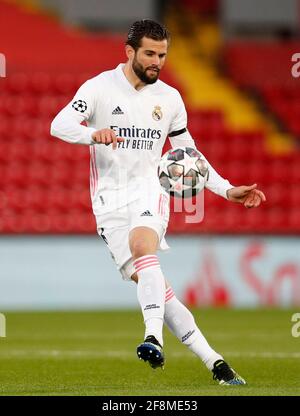 Liverpool, Inghilterra, 14 aprile 2021. Nacho del Real Madrid durante la partita della UEFA Champions League ad Anfield, Liverpool. L'immagine di credito dovrebbe essere: Darren Staples / Sportimage Foto Stock