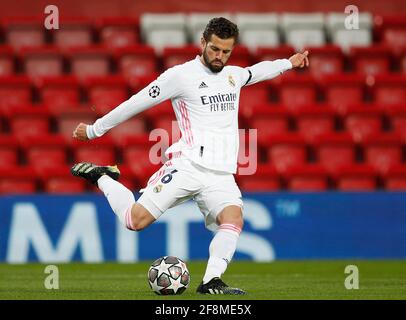 Liverpool, Inghilterra, 14 aprile 2021. Nacho del Real Madrid durante la partita della UEFA Champions League ad Anfield, Liverpool. L'immagine di credito dovrebbe essere: Darren Staples / Sportimage Foto Stock