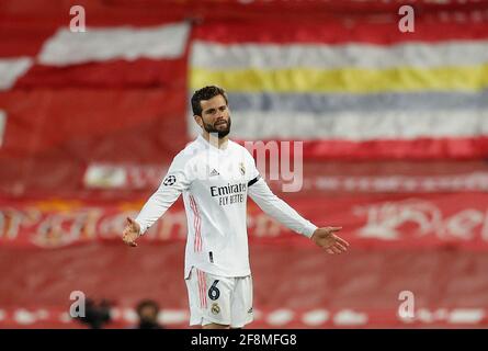 Liverpool, Inghilterra, 14 aprile 2021. Nacho del Real Madrid durante la partita della UEFA Champions League ad Anfield, Liverpool. L'immagine di credito dovrebbe essere: Darren Staples / Sportimage Foto Stock