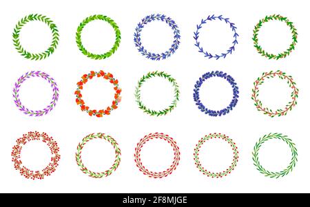 Set di telai di guaine. Foglie verdi con bacca, corona di ramificazione. Decorazioni a petali in stile cartoon piano. Elemento di design per biglietto d'auguri o emblema, logo. Illustrazione vettoriale isolata del bordo della pianta floreale Illustrazione Vettoriale