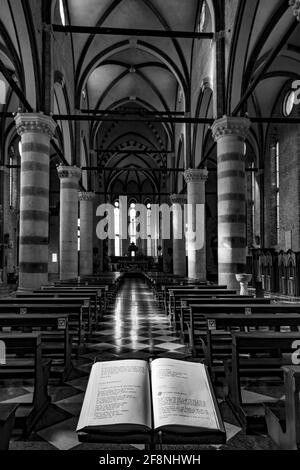 Immagine in scala di grigi di una basilica con colonne, archi e pavimento a motivi geometrici in primo piano di una bibbia Foto Stock