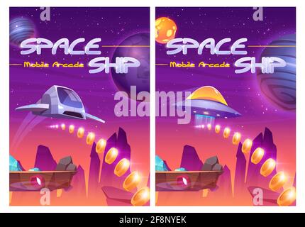 Arcade mobile con nave spaziale, navetta interstellare raccogliere monete d'oro su pianeta alieno con rocce volanti e risorse, gioco di fantasia ui design, paesaggio extraterrestre, Cartoon vettore illustrazione Illustrazione Vettoriale