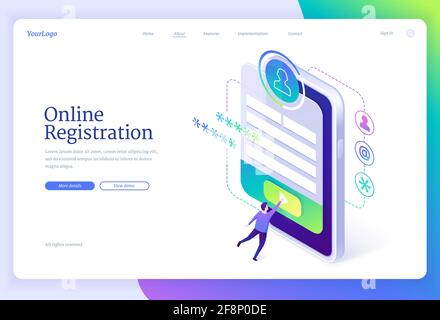 Pagina di destinazione isometrica per la registrazione online. Piccolo uomo che si iscrina o accede a un account Internet su un enorme smartphone con interfaccia app sullo schermo. Autenticazione sicura nelle reti, banner Web vettoriale 3d Illustrazione Vettoriale