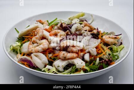 Insalata fresca di frutti di mare: Polpo, seppie, gamberi. Insalata di mare su piatto bianco. Foto Stock