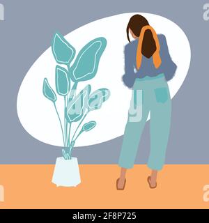 illustrazione piatta, ragazza dalla parte posteriore, stile, moda. Vettore Illustrazione Vettoriale