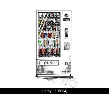 Distributore automatico con bottiglie colorate e lattine disegno a mano. Vendita automatica di snack e bevande macchinari vista frontale. Illustrazione eps isolato vettoriale in bianco e nero Illustrazione Vettoriale