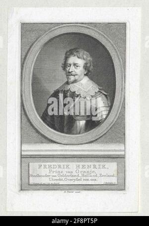 Friedrich Heinrich, principe d'Orania, conte di Nassau quasi a metà figura, a metà da sinistra; Barhaupt, con baffi e pettini; colletto a punta incrociata con due naselli alla chiusura del loop; ad Harnic; a fascia toracica la medaglia della banda di pantaloni ordine; in cornice ovale a bordo podio con olandese. Legenda e designazioni in caratteri tratteggiati luminosi; estensione rettangolare allungata con linea; nota editore di Bothed. Incisione in rame v. Jacobus Houbaken secondo il disegno v. Aert Schouman, di ritorno ad un dipinto originale di Michiel Janszoon van Miereveld; avanzato da Isaac Tirion. Foto Stock