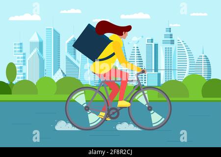 Corriere giovane donna con zaino in bicicletta e porta merci e cibo pacchetto sulla strada moderna della città. Fast femmina ciclismo eco servizio di consegna. Illustrazione eps vettoriale Illustrazione Vettoriale