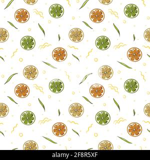 Colorati fette di frutta fresca ornamento vista dall'alto. Sbucciate ripetute di agrumi di colore giallo, verde e arancione. Illustrazione vettoriale di stile piatto Illustrazione Vettoriale