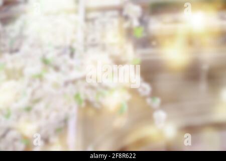 Sfondo astratto offuscato con fiori di mela bianchi. Immagine sfocata con riflesso e bokeh. Sfondo floreale primaverile con spazio per la copia Foto Stock