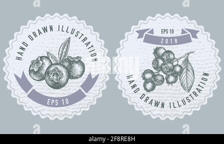 Design delle etichette monocromatiche con illustrazione del mirtillo Illustrazione Vettoriale