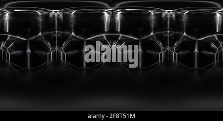 vista panoramica ad angolo di 360 gradi su cemento nero scuro hall building interno 3d rappresentazione grafica vr hdri stile Foto Stock