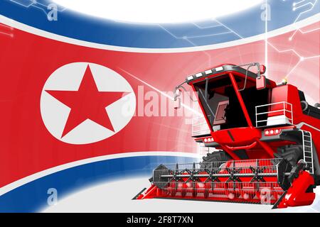 Concetto di innovazione agricola, mietitrebbiatrice rurale rossa avanzata sulla bandiera della Corea del Nord - illustrazione 3D industriale digitale Foto Stock
